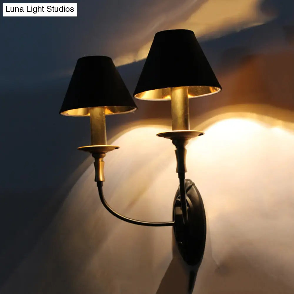 Vintage Black Fabric Wall Sconce With Curvy Arm For Hallway Lighting