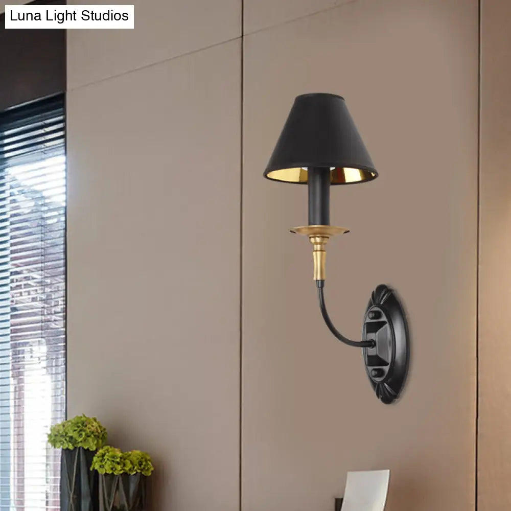 Vintage Black Fabric Wall Sconce With Curvy Arm For Hallway Lighting