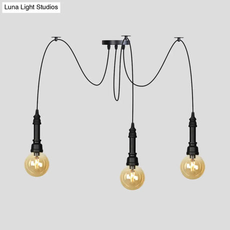 Vintage Black Finish Amber Glass Chandelier - Multi Light Pendant Lamp For Global Restaurants