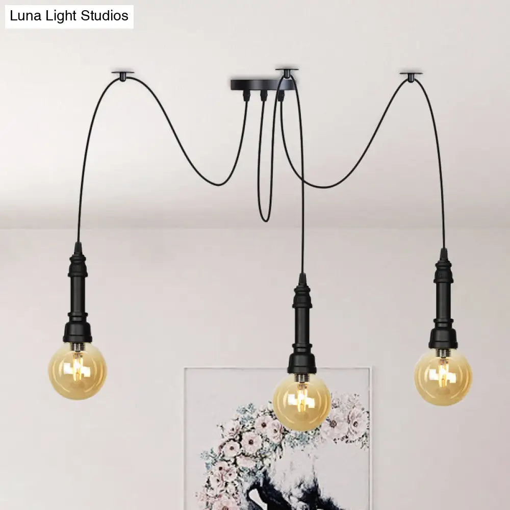 Vintage Black Finish Amber Glass Chandelier - Multi Light Pendant Lamp For Global Restaurants