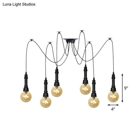 Vintage Black Finish Amber Glass Chandelier - Multi Light Pendant Lamp For Global Restaurants