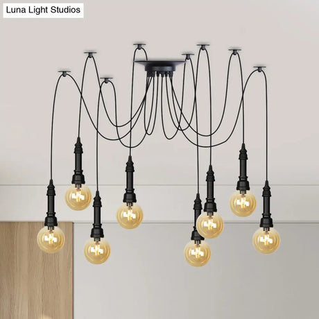 Vintage Black Finish Amber Glass Chandelier - Multi Light Pendant Lamp For Global Restaurants