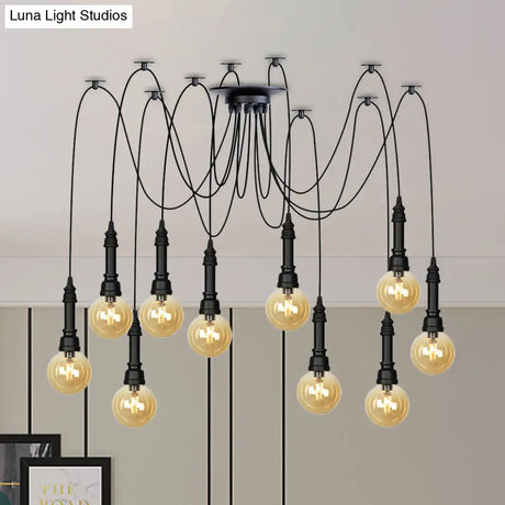 Vintage Black Finish Amber Glass Chandelier - Multi Light Pendant Lamp For Global Restaurants