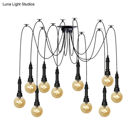 Vintage Black Finish Amber Glass Chandelier - Multi Light Pendant Lamp For Global Restaurants