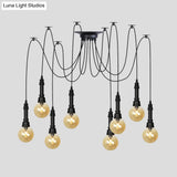 Vintage Black Finish Amber Glass Chandelier - Multi Light Pendant Lamp For Global Restaurants