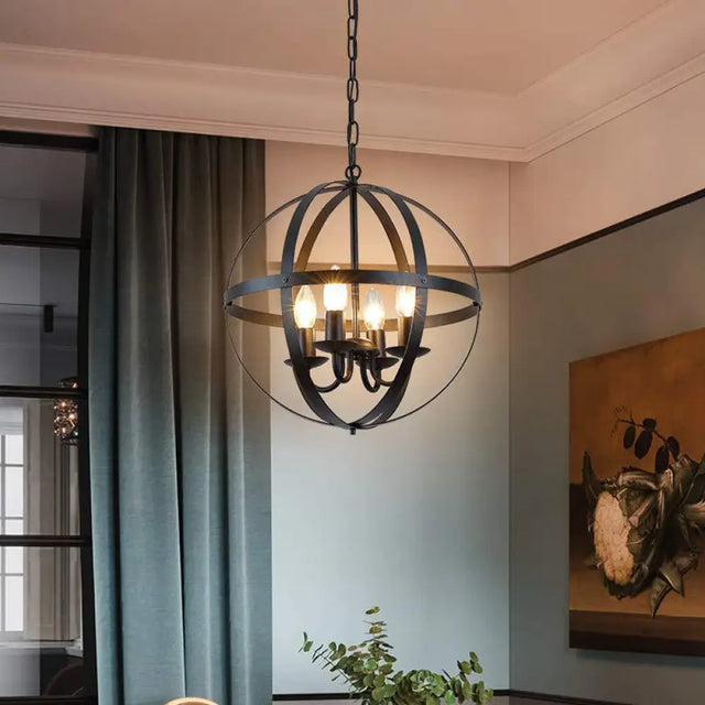 Vintage Black Globe Metal Chandelier - 4 Bulb Pendant Lighting For Dining Room Ceiling