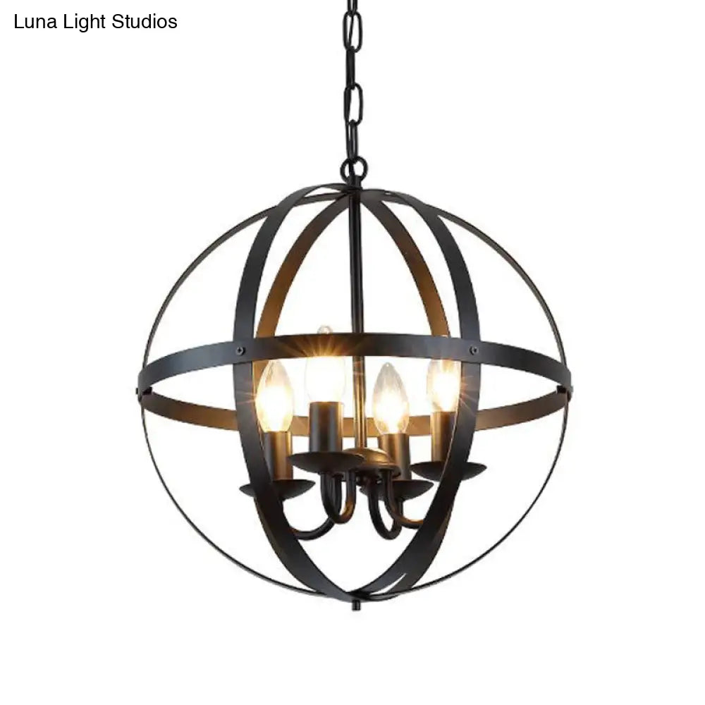 Vintage Black Globe Metal Chandelier - 4 Bulb Pendant Lighting For Dining Room Ceiling