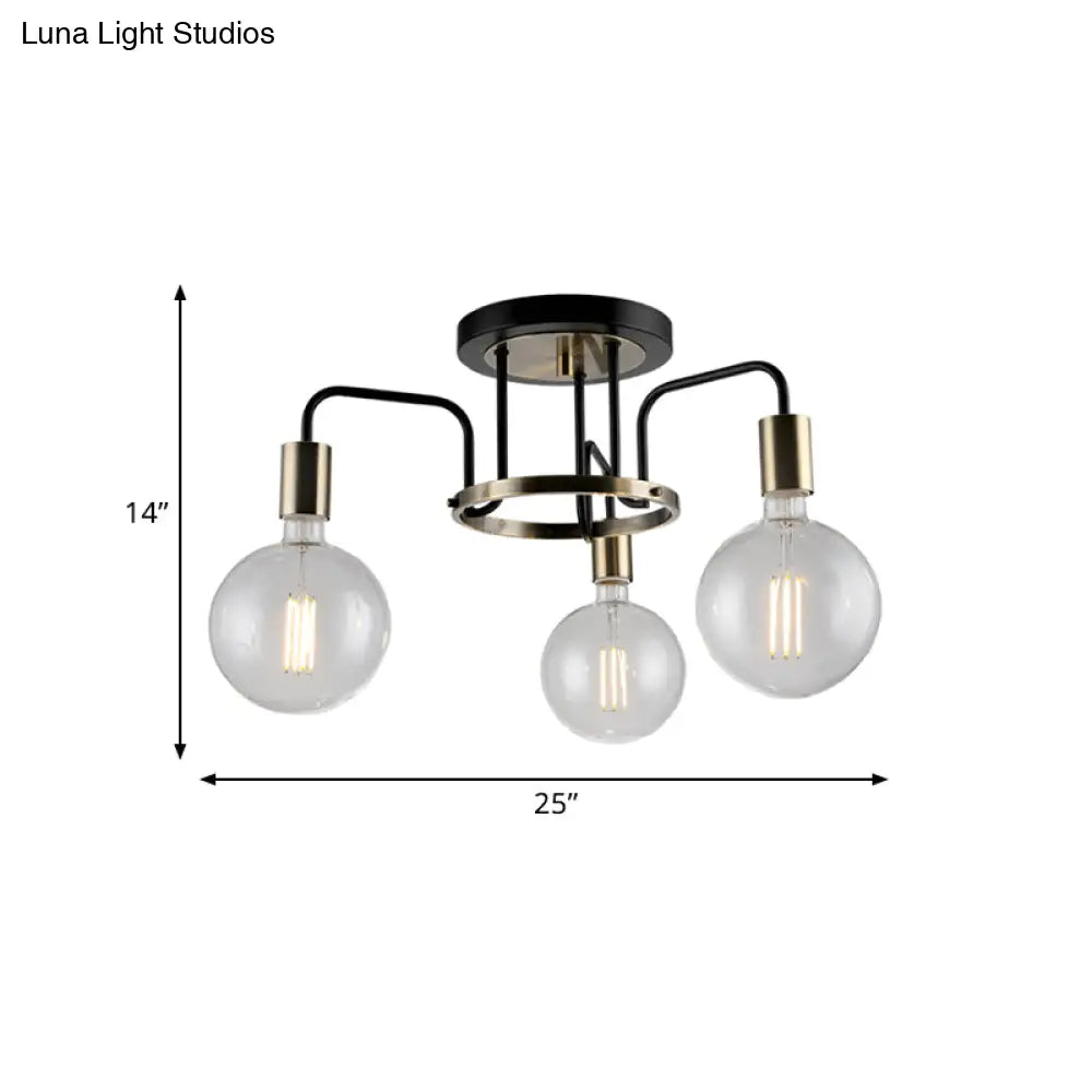 Vintage Black & Gold Semi - Flush Ceiling Lamp With Clear Glass - Ideal For Living Rooms (3/5 -