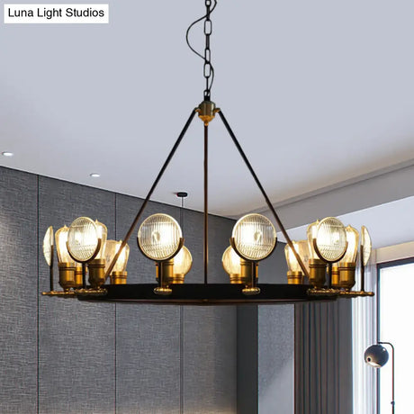 Vintage Black Grid Glass Lens Chandelier Lamp - 6/9/12 Lights Hanging Light Kit For Restaurants