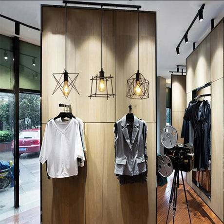 Vintage Black Iron Pendant Light With 3 Wire Frame Shades – Ideal For Coffee Shops / Linear