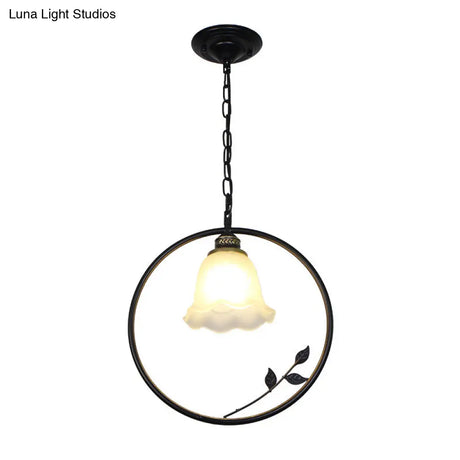 Vintage Black Iron Pendant Light With Frosted Glass Shade For Corridor Suspension