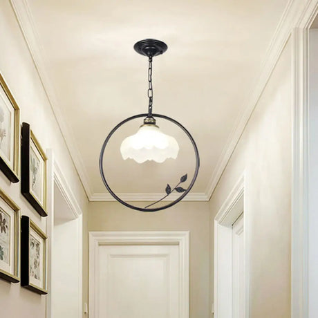 Vintage Black Iron Pendant Light With Frosted Glass Shade For Corridor Suspension / A