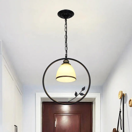 Vintage Black Iron Pendant Light With Frosted Glass Shade For Corridor Suspension / C