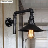 Vintage Black Iron Sconce With Flared Bulb And Right Angle Arm For Restaurant Wall Mount