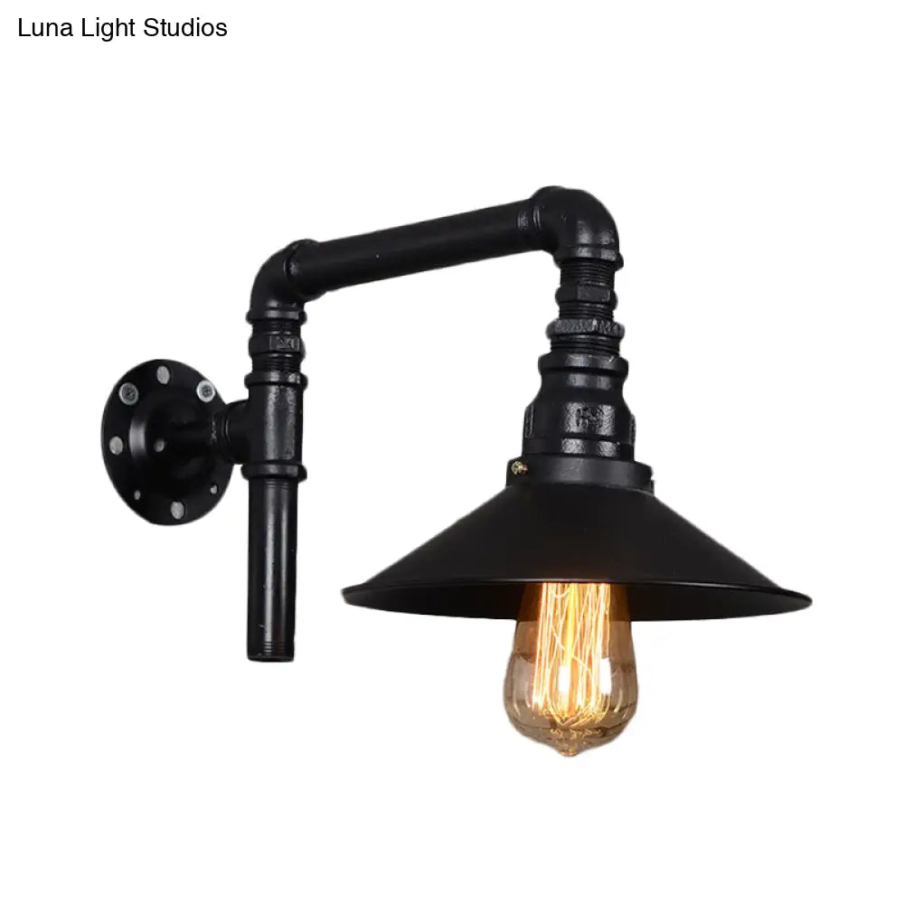 Vintage Black Iron Sconce With Flared Bulb And Right Angle Arm For Restaurant Wall Mount