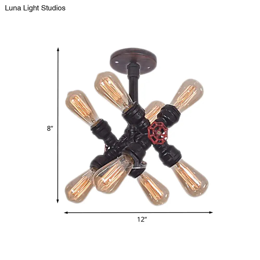 Vintage Black Iron Semi Flush Mount Light With 8 - Bulb Crossing Pipe Design - Ideal For Bedroom