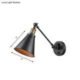 Vintage Black Iron Wall Mount Swing Arm Sconce With Cone Shade For Living Room