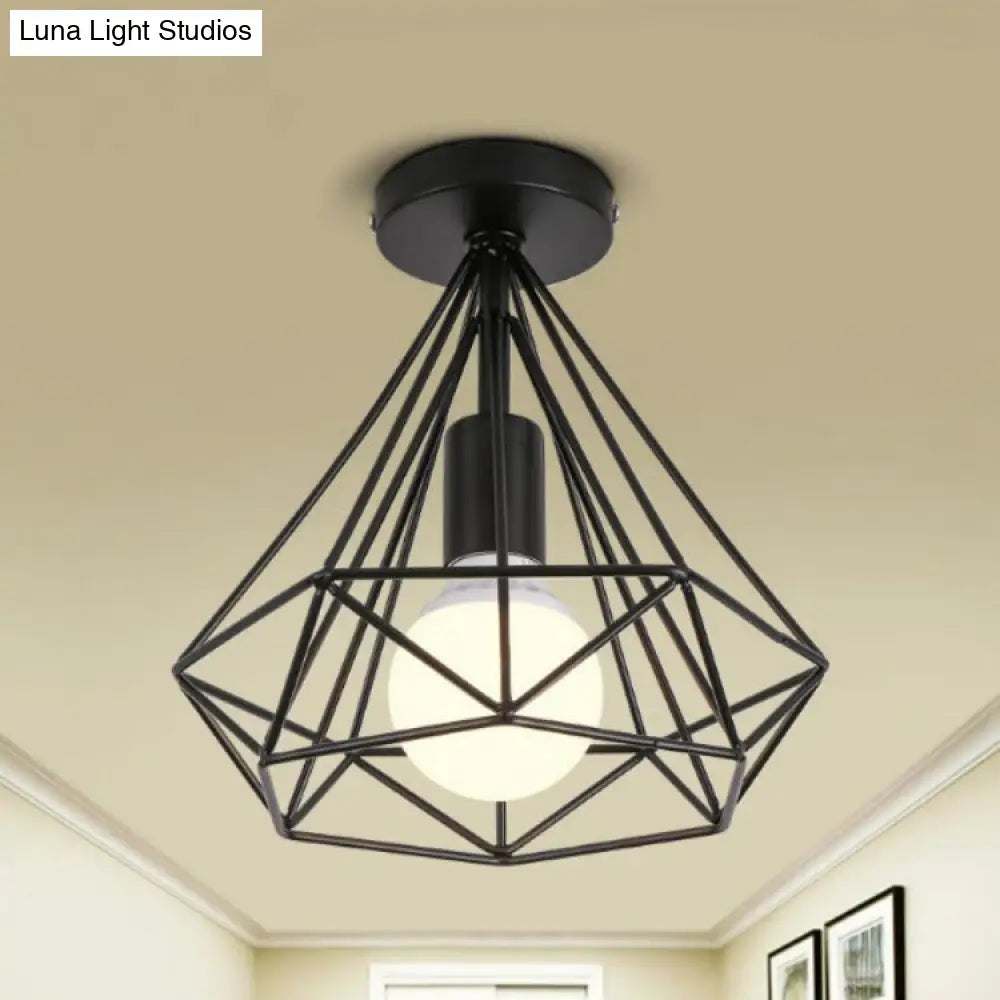 Vintage Black Iron Wire Diamond Ceiling Flush Light With 1 - Light Passageway Mount