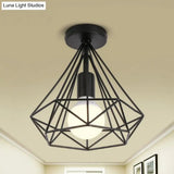 Vintage Black Iron Wire Diamond Ceiling Flush Light With 1 - Light Passageway Mount