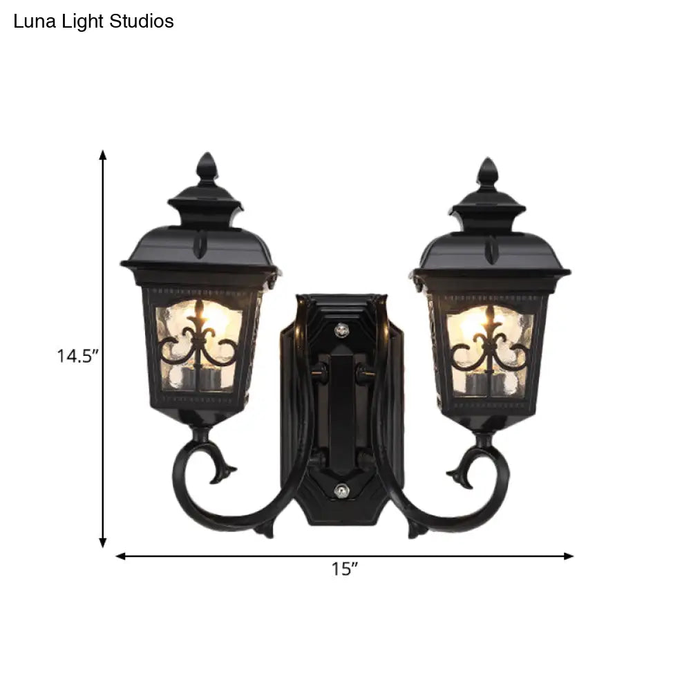 Vintage Black Lantern Wall Mount Lighting With Clear Glass - Curved Arm Design 2 Bulbs