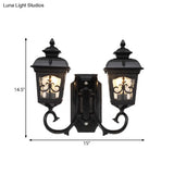 Vintage Black Lantern Wall Mount Lighting With Clear Glass - Curved Arm Design 2 Bulbs