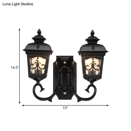 Vintage Black Lantern Wall Mount Lighting With Clear Glass - Curved Arm Design 2 Bulbs