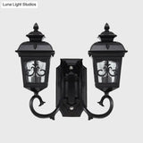 Vintage Black Lantern Wall Mount Lighting With Clear Glass - Curved Arm Design 2 Bulbs