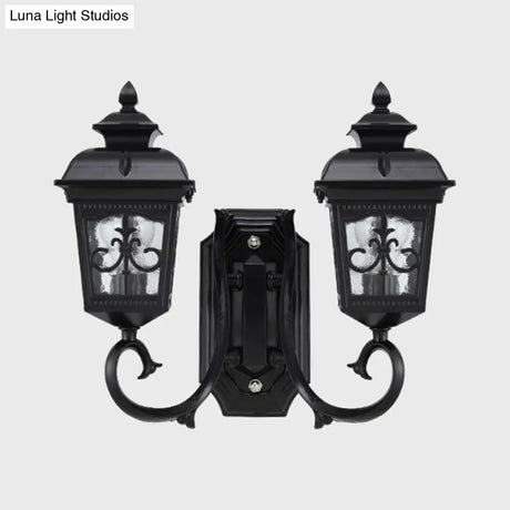 Vintage Black Lantern Wall Mount Lighting With Clear Glass - Curved Arm Design 2 Bulbs