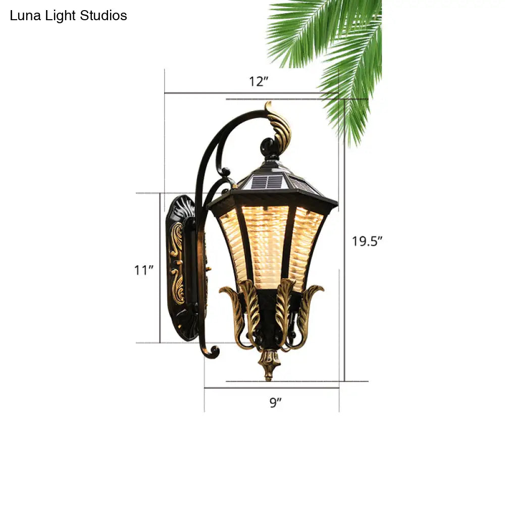 Vintage Black Led Outdoor Wall Sconce With Flared Shape And Ribbed Glass - Solar Powered