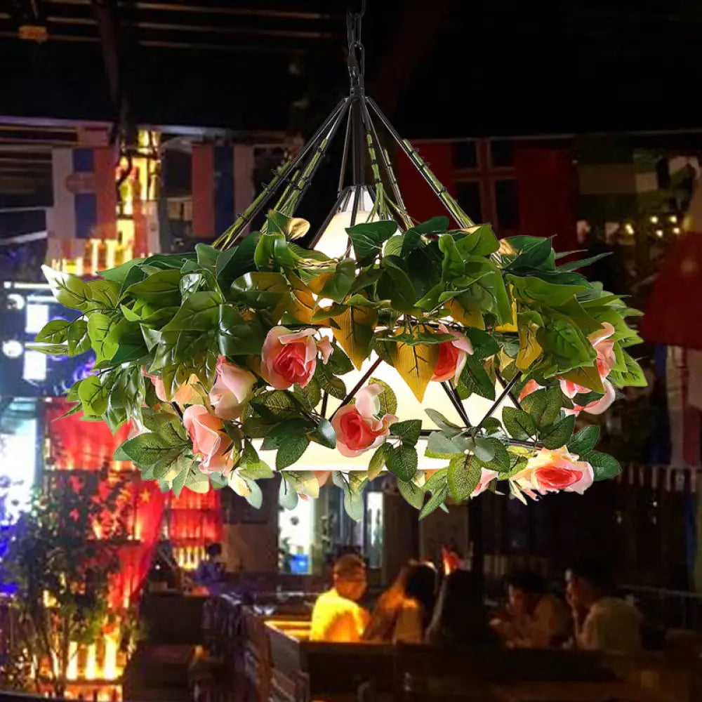 Vintage Black Metal Diamond Pendant Light - Led Flower Hanging Lamp For Restaurants Multiple Width