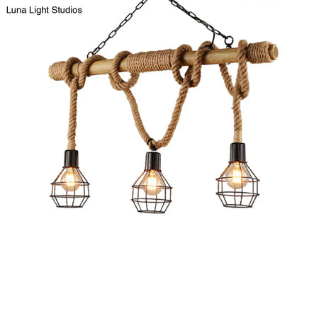 Vintage Black Metal Island Light With 3 Caged Lights For Dining Room
