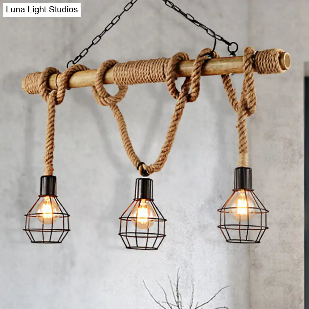 Vintage Black Metal Island Light With 3 Caged Lights For Dining Room
