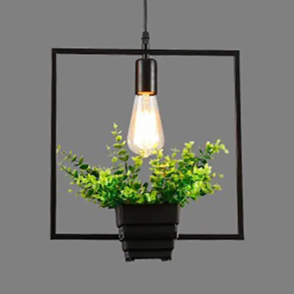 Vintage Black Metal Pendant Light With Planter And Frame For Kitchen / Square