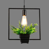 Vintage Black Metal Pendant Light With Planter And Frame For Kitchen / Square