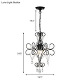 Vintage Black Pendant Light With Crystal Accents - Curve Arm Iron Suspension 3 Lights