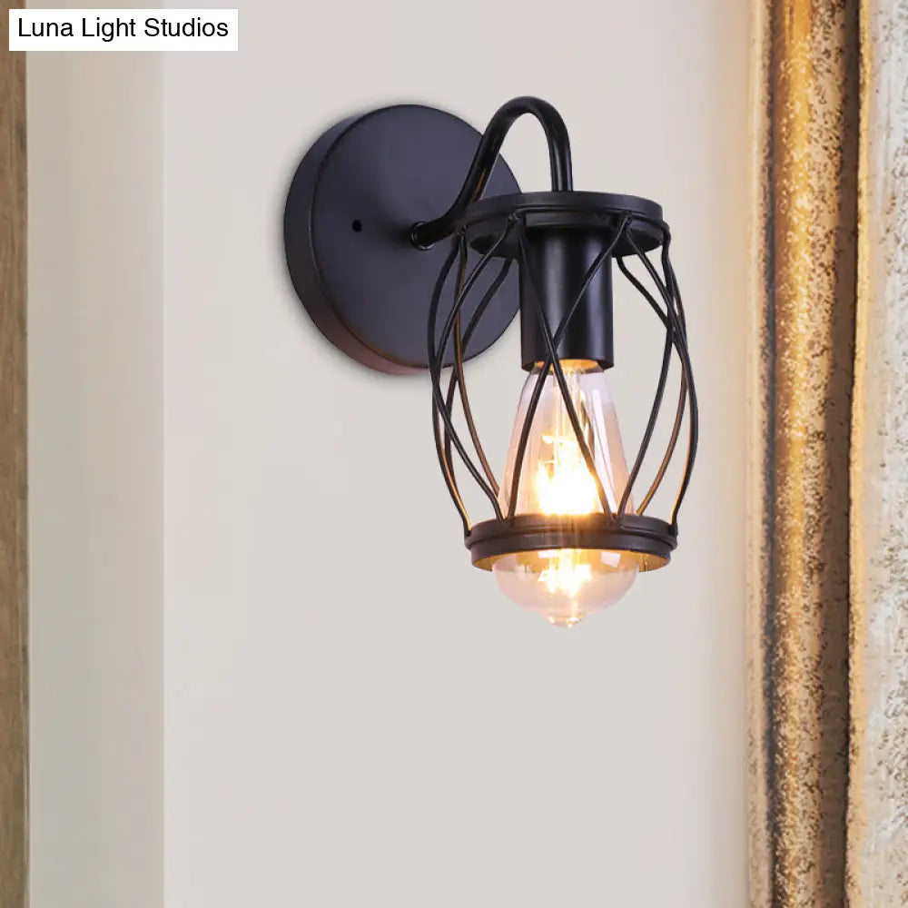Vintage Black Waist Drum Wall Lamp With Metallic Frame For Restaurant - 1 Light Mount Fixture