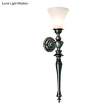 Vintage Black Wall Mount Sconce Light Fixture With Tapered Milky Glass Bulb