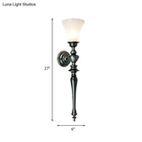 Vintage Black Wall Mount Sconce Light Fixture With Tapered Milky Glass Bulb