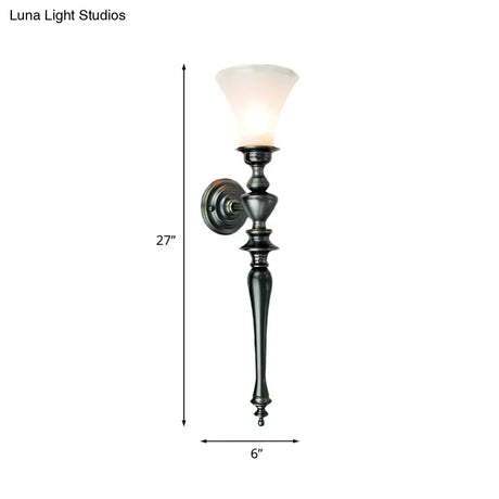 Vintage Black Wall Mount Sconce Light Fixture With Tapered Milky Glass Bulb