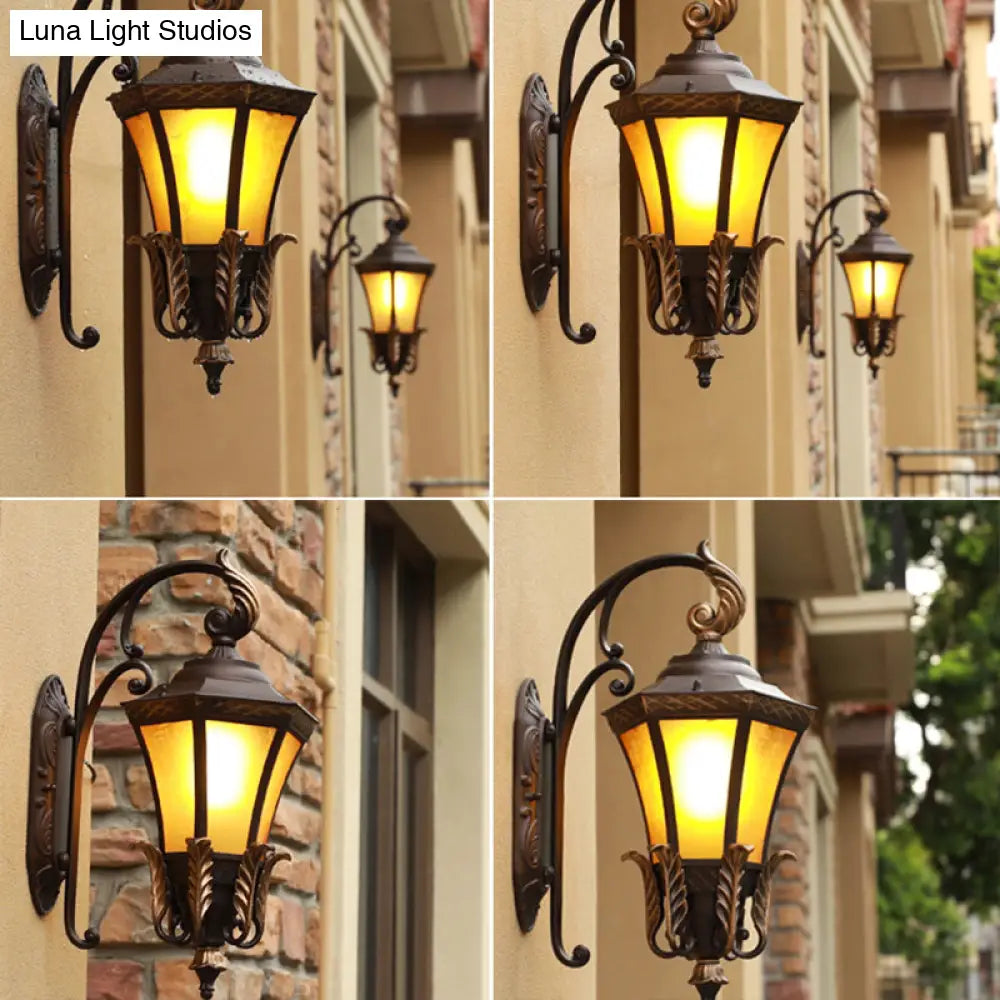 Vintage Black Wall Sconce Light With Amber Glass - Flared Design For Villa And Garden