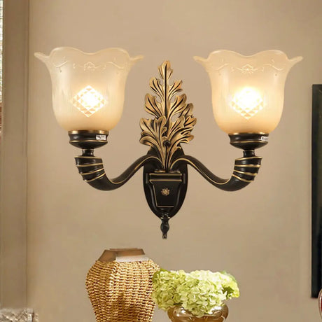 Vintage Blossom Carved Glass Wall Sconce In Black For Living Room - Half-Light Fixture With Curved