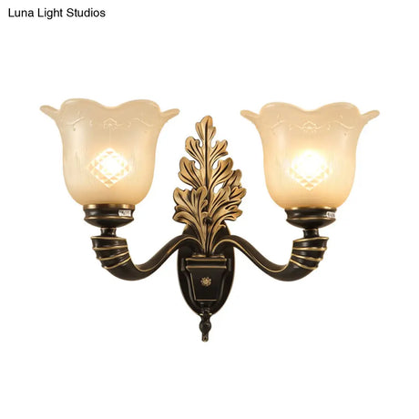 Vintage Blossom Carved Glass Wall Sconce In Black For Living Room - Half-Light Fixture With Curved