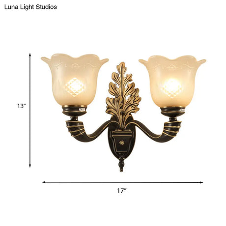 Vintage Blossom Carved Glass Wall Sconce In Black For Living Room - Half-Light Fixture With Curved