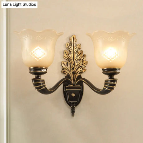 Vintage Blossom Carved Glass Wall Sconce In Black For Living Room - Half-Light Fixture With Curved