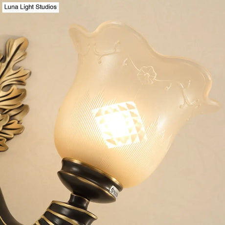 Vintage Blossom Carved Glass Wall Sconce In Black For Living Room - Half-Light Fixture With Curved