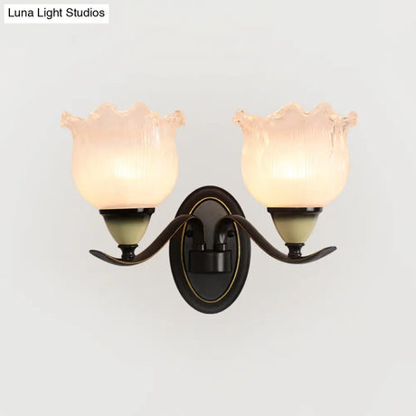 Vintage Blossom Sconce Lamp - Opal Ribbed Glass Wall Lighting In Black