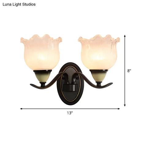 Vintage Blossom Sconce Lamp - Opal Ribbed Glass Wall Lighting In Black