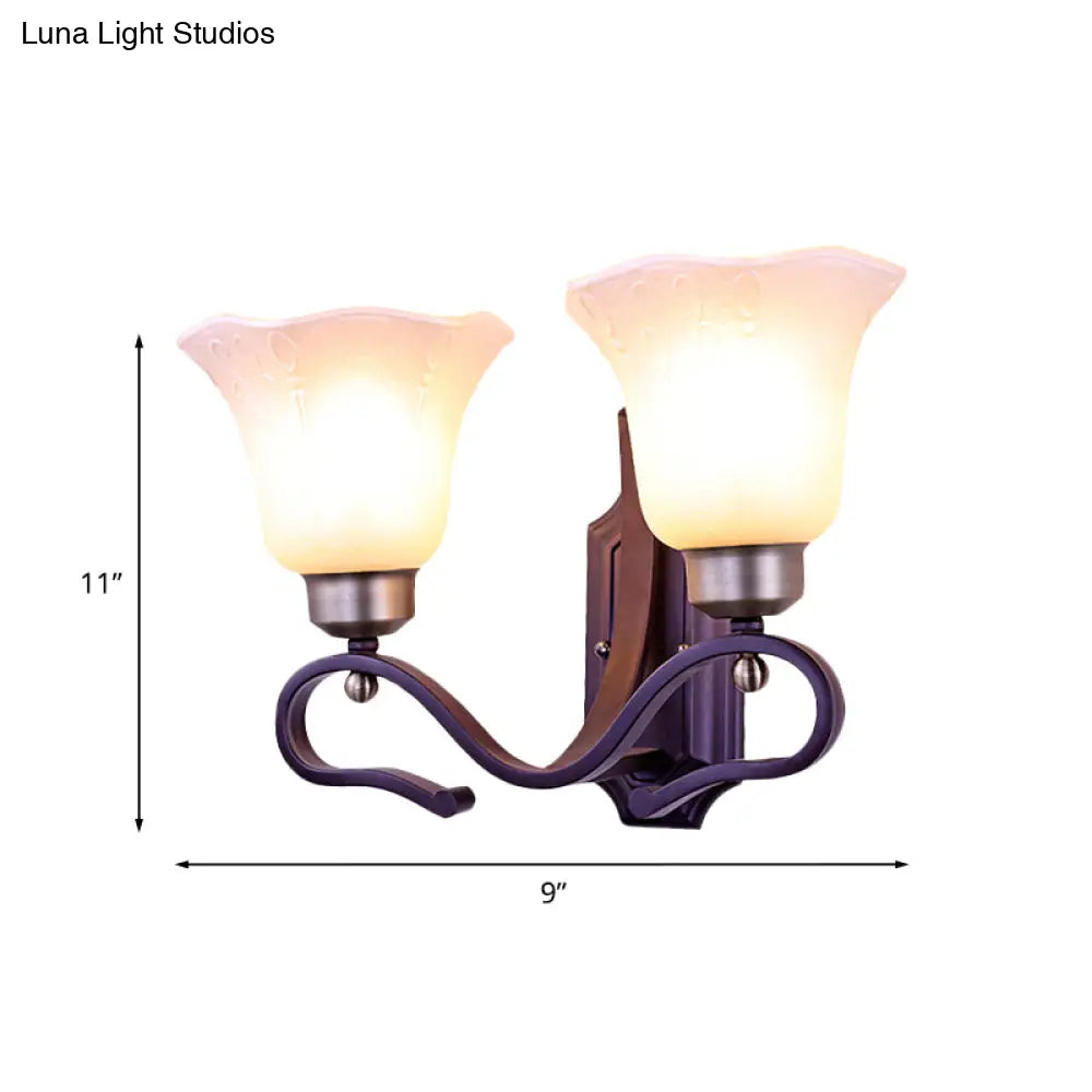 Vintage Blossom Sconce Wall Light With Frosted White Glass In Black Finish