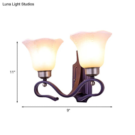 Vintage Blossom Sconce Wall Light With Frosted White Glass In Black Finish