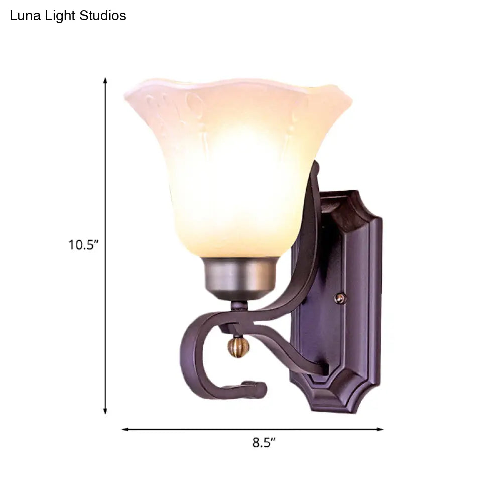 Vintage Blossom Sconce Wall Light With Frosted White Glass In Black Finish